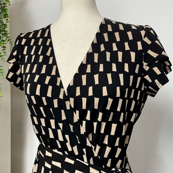 Joseph Ribkoff Wrap Front Jersey Midi Dress Black Beige Size 10 Style 222202 - Picture 7 of 16
